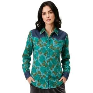Roper Western Snap Shirt XL Teal Green Rose Floral Denim Yoke Cowgirl